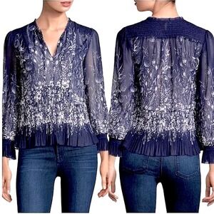 NWOT Joie Rita Navy Blue Sheer Floral Boho Pleated Smocked Blouse Top Sz Medium